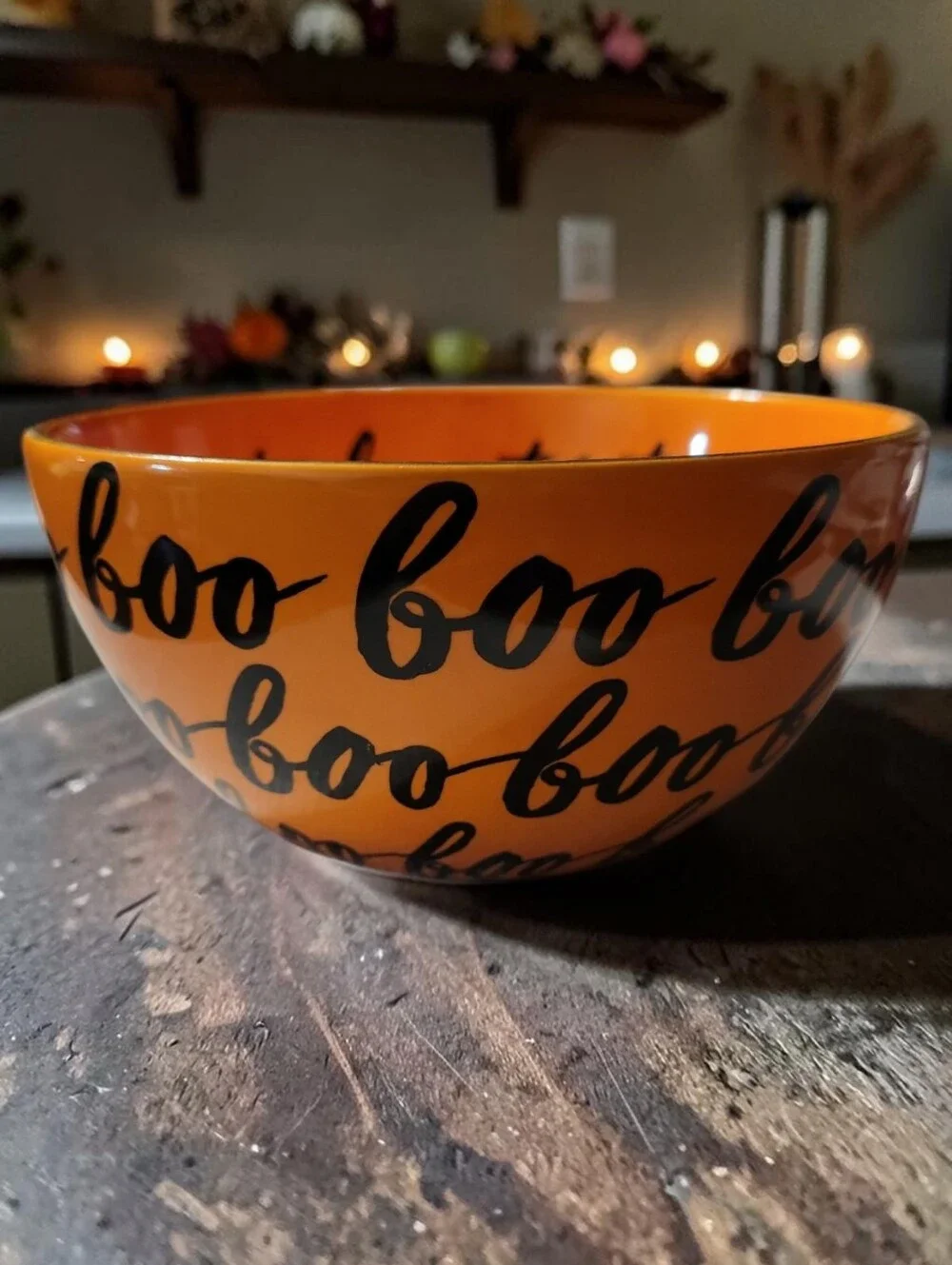 Trick Or Treat Boo Ceramic Halloween Orange Black Candy Bowl Gold Rim